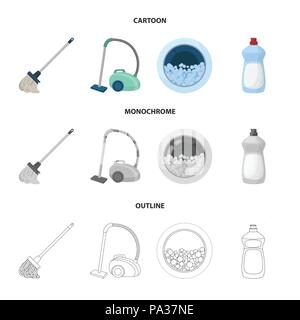 Une vadrouille avec une poignée pour laver les planchers, un aspirateur vert, une fenêtre d'une machine à laver avec de l'eau et de mousse, une bouteille avec un agent de nettoyage. Cle Illustration de Vecteur