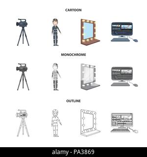 Une caméra, un costume pour les effets spéciaux et d'autres équipements. Faire des films mis en icônes collection cartoon,style monochrome,contour symbole vecteur s Illustration de Vecteur