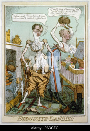 . Anglais : Titre : Résumé : dandies exquis Caricature de 2 hommes de la Régence s'habiller en costumes femme absurde. Description physique : 1 : impression gravure, colorées à la main. Note : à la main, gravure par Isaac Robert Cruikshank, publié 8 décembre 1818 (pas en BM). ; ce dossier contient des données non vérifiées, la vieille légende de carte. ; fait partie de : British Cartoon Collection (Bibliothèque du Congrès). Avant 1818 633 dandys exquis RCAC2002720232 Banque D'Images