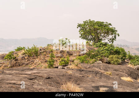 Le sommet d'une montagne avec vue sur le paysage, les arbres et le ciel. Banque D'Images