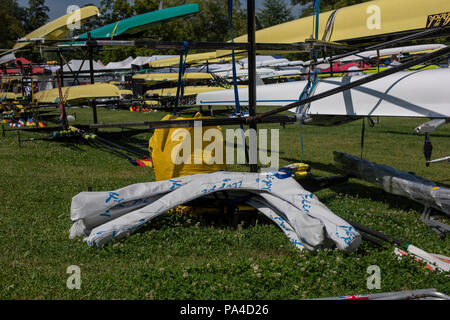 Lucerne, Suisse, 12 juillet 2018, jeudi Vue générale, Bateau Park, gréeurs, style de l'aile, de la Coupe du Monde FISA III, le lac Rotsee, © Peter SPURRIER, Banque D'Images