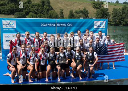 Lucerne, Suisse, 15 juillet 2018, le dimanche de 8 Femmes Médailles, NZL W8 +, POUVEZ W8 + et USA W8 +, de la Coupe du Monde FISA III Lake, Rotsee © Peter SPURRIER, Banque D'Images