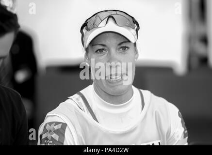 Lucerne, Suisse, 15 juillet 2018, dimanche dernier Skiff femmes SUI A, W1X, Jeannine GMELIN, remportant la médaille d'or, à la Coupe du Monde FISA III Lac Rotsee, © Peter SPURRIER, Banque D'Images