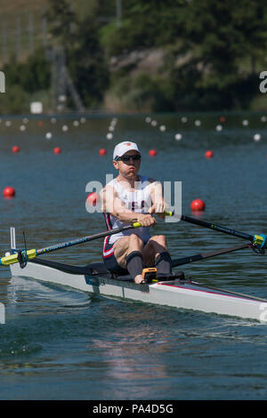 Lucerne, Suisse, 13 juillet 2018, Vendredi USA LM1X. Alex TWIST, départ de la Coupe du Monde de la FISA, série, n°3, Lac Rotsee, © Peter SPURRIER/Alamy Live News Banque D'Images