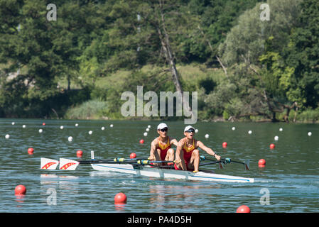 Lucerne, Suisse, 13 juillet 2018, Vendredi CHN M2X, Bow, Yule MA, et ZhenyuYANG, départ de la Coupe du Monde de la FISA, série, n°3, Lac Rotsee, © Peter SPURRIER/Alamy Live News Banque D'Images