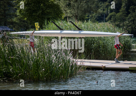 Lucerne, Suisse, 12 juillet 2018, jeudi, de l'équipage, l'activité nautique sur les quais, de la Coupe du Monde FISA III, le lac Rotsee, © © Peter SPURRIER Banque D'Images