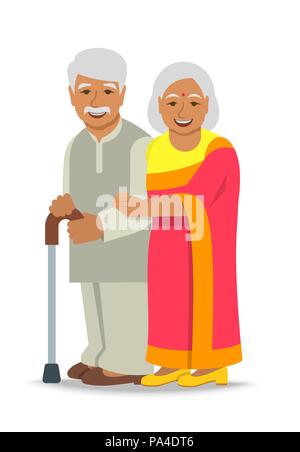 Vieux couple est ensemble. Personnes âgées femme indienne en sari tient son mari bras. Télévision vecteur illustration. De l'homme appuie sur stick. Happy smiling senio Illustration de Vecteur