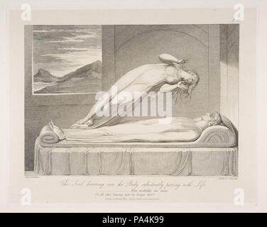 L'âme planant au-dessus du corps, à Contrecœur la séparation avec la vie, de la tombe, un poème de Robert Blair. Artiste : Luigi Schiavonetti (Italien, Bassano del Grappa 1765-1810 Londres) ; Après William Blake (britannique, Londres 1757-1827 Londres). Dimensions : plateau : 6 3/8 x 8 15/16 in. (16,2 x 22,7 cm) : Feuille 8 10 3/8 x 3/16 in. (20,8 x 26,4 cm). Editeur : Rudolph Ackermann, Londres (actif 1794-1829). Date : mars 1, 1813. Musée : Metropolitan Museum of Art, New York, USA. Banque D'Images