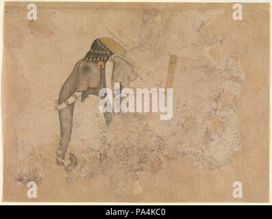 L'éléphant et le cavalier. Artiste : attribuée à Hashim (active 1620-60). Dimensions : H. 6. W. 8 in.. Date : ca. 1640. Un dessin rare de survivre à partir de la période moghole, ce dessin a été effectué en vue d'un portrait impérial. À la suite de dégâts d'eau, qui a effacé la plus grande partie de l'éléphant, son chauffeur et accompagnateur, le chef goldladen et coffre de la bête se dégagent nettement de la page. Musée : Metropolitan Museum of Art, New York, USA. Banque D'Images