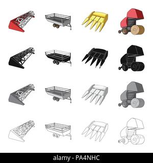 La moissonneuse-batteuse, hay, remorque benne, emballage de foin. Différents types de machines agricoles collection set icônes de cartoon fait paraître le noir monochrome Illustration de Vecteur