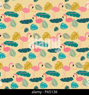 Rose d'été et d'actualité flamingo pastel feuilles exotiques seamless background pattern Illustration de Vecteur