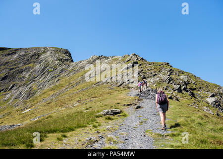 Les randonneurs randonnée sur un sentier de montagne à bord vif sur Blencathra (Saddleback) dans les montagnes du Parc National de Lake District. Keswick, Cumbria, England, UK Banque D'Images