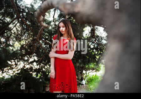 Teenage Girl in red dress posés à l'extérieur journée ensoleillée. Banque D'Images