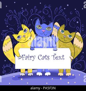 Trois fées cute cats la tenue d'un conseil. Les chats fées cadre. Frontière Enfants Illustration de Vecteur