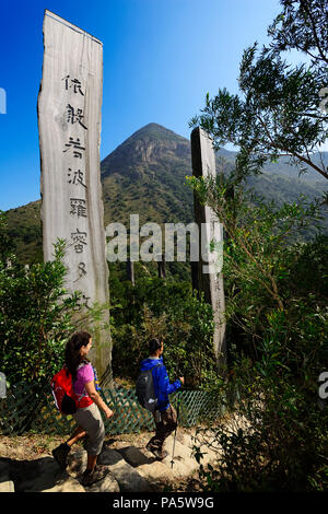 Les randonneurs en face de stèles en bois au chemin de sagesse, Lantau Peak, Lantau Island, Hong Kong, Chine Banque D'Images