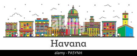 Décrire la Havane Cuba Ville avec des bâtiments couleur isolé sur blanc. Vector Illustration. La Ville de La Havane avec repères. Illustration de Vecteur