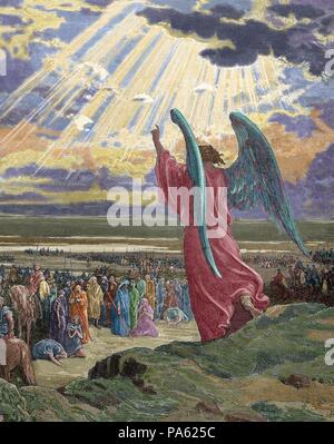 Un ange apparaît l'armée de Josué. Livre des juges. Chapitre 11, versets 1-5. Gravure de Gustave Dore (1832-1883). De couleur. Banque D'Images