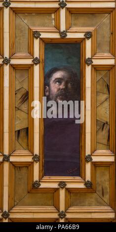 Aleix Clapés / auto-portrait par Aleix Clapés, à l'entrée de la chapelle du Palais Güell, 1888, Peinture, Barcelone, Catalogne, Espagne. Musée : Palacio Güell, Barcelone, Catalogne, Espagne. Banque D'Images