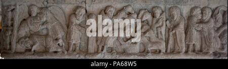 Frise sculpturale du cloître de la cathédrale de Gérone, 12e siècle, Gérone, Catalogne, Espagne. Banque D'Images