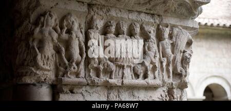 Frise sculpturale du cloître de la cathédrale de Gérone, 12e siècle, Gérone, Catalogne, Espagne. Banque D'Images