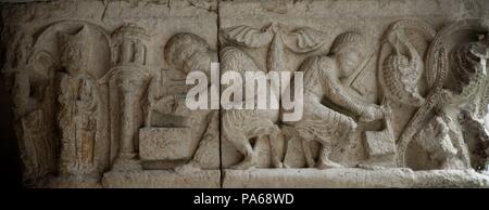 Frise sculpturale du cloître de la cathédrale de Gérone, 12e siècle, Gérone, Catalogne, Espagne. Banque D'Images