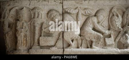 Frise sculpturale du cloître de la cathédrale de Gérone, 12e siècle, Gérone, Catalogne, Espagne. Banque D'Images