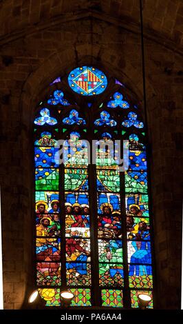 Vitrail représentant la Sainte Cène, dans la Cathédrale de Santa María del Mar, 17e siècle, Barcelone, Barcelone, Catalogne, Espagne. Banque D'Images