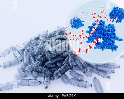 PETase enzymes décomposant le plastique, l'illustration. PETase (bleu) est une enzyme bactérienne qui décompose le PET (polyéthylène téréphtalate) bouteilles plastiques (illustré) de molécules monomères (en médaillon en haut à droite). L'ensemble du processus de dégradation bactérienne acide téréphtalique purifié des rendements et de l'éthylène glycol, qui sont écologiquement inoffensif. Banque D'Images