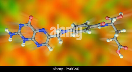 L'acide folique (vitamine B9), le modèle moléculaire. L'acide folique est une forme de la vitamine hydrosoluble B9. Il est essentiel à de nombreuses fonctions de l'organisme. Les atomes sont représentés comme des sphères et sont codés par couleur : carbone (gris), l'hydrogène (blanc), l'azote (bleu) et d'oxygène (rouge). Banque D'Images