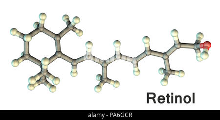 La vitamine A, le modèle moléculaire. C'est le rétinol, une forme de vitamine A, une vitamine qui est nécessaire à la rétine de l'œil. Les atomes sont représentés comme des sphères et sont codés par couleur : carbone (gris), l'hydrogène (blanc) et d'oxygène (rouge). Banque D'Images