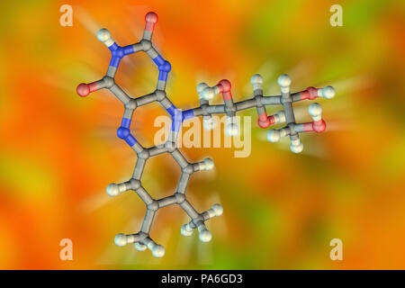 La vitamine B2 (riboflavine), le modèle moléculaire. Cette vitamine joue un rôle clé dans le métabolisme de l'énergie. Les atomes sont représentés comme des sphères et sont codés par couleur : carbone (gris), l'hydrogène (blanc), l'azote (bleu) et d'oxygène (rouge). Banque D'Images