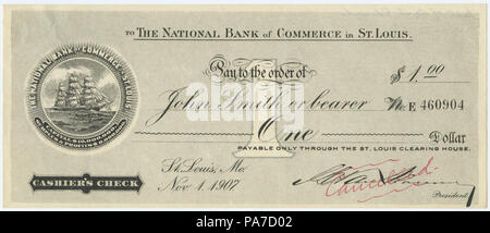 Chèque de 285 $ pour 1 à l'ordre de John Smith ou au porteur, la Banque Nationale de Commerce à St Louis, le 1 novembre, 1907 Banque D'Images