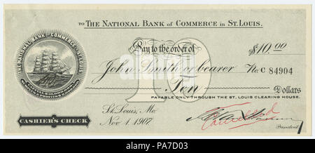 Chèque de 285 $ payable à 10 pour John Smith ou au porteur, la Banque Nationale de Commerce à St Louis, le 1 novembre, 1907 Banque D'Images