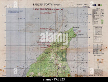 166 Carte du nord Labuan marqués d'estimer les positions japonaises et les plages d'invasion en avril 1945 Banque D'Images