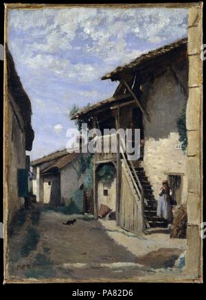 Un Village-rue : Dardagny. Artiste : Camille Corot (français, Paris 1796-1875 Paris). Dimensions : 13 1/2 x 9 1/2 in. (34,3 x 24,1 cm). Date : 1852, 1857, ou 1863. Corot a été un infatigable voyageur, et l'extension du réseau des chemins de fer français dans les années 1850 étendu la gamme de ses voyages d'été. En 1852, 1857, et 1863, il a rendu visite à Dardagny, un petit village près de Genève. Ce point de vue, essentiellement les mêmes aujourd'hui, a probablement été peint sur la première visite de Corot. C'est un excellent exemple de sa remarquable capacité à dériver une scène poétique d'un prosaïque site. Musée : Metropolitan Museum of Art, New Yo Banque D'Images