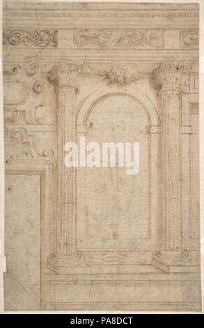 Design architectural avec deux colonnes et la Figure. Artiste : Anonyme, Italien, 17e siècle. Fiche technique : Dimensions : 9 x 6 7/16 1/16 in. (24 x 15,4 cm). Date : le 17e siècle. Musée : Metropolitan Museum of Art, New York, USA. Banque D'Images