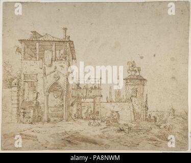 Paysage de fantaisie (Paysage avec Villa et monument équestre). Artiste : Après Canaletto (Giovanni Antonio Canal), Italien (1697-1768) Venise Venise. Dimensions : 13 5/8 x 16 7/8in. (34.6 x 42.9cm). Date : 1697-1768. Musée : Metropolitan Museum of Art, New York, USA. Banque D'Images