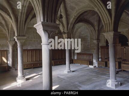 Capitulaire SALA DEL MONASTERIO DE SANTA MARIA DE LA OLIVA - SIGLO XII. Lieu : MONASTÈRE DE SANTA MARIA DE LA OLIVA, CARCASTILLO, Navarra, ESPAGNE. Banque D'Images