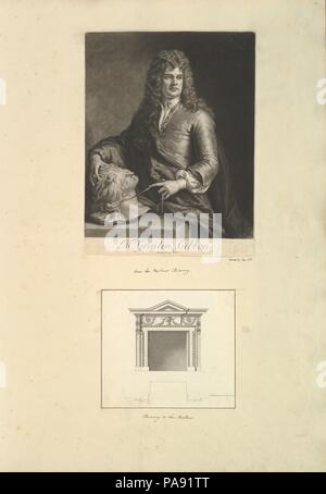 Feuille d'Aedes Walpolianae monté avec un print et un dessin (a) : Portrait de Grinling Gibbons ; (b) au Salon Cheminée, Houghton Hall, Norfolk. Artiste : D'après Sir Godfrey Kneller (allemand, Lübeck 1646-1723 Londres) ; Isaac Ware (britannique, avant 1704-1766 Hampstead). Artiste et graveur : John Smith (British, Daventry 1652-1743 Northampton). Dimensions : Feuilles : 28 15/16 × 20 1/2 in. (73,5 × 52 cm). Grinling Gibbons (gardienne : British (né aux Pays-Bas), Rotterdam 1648-1721 Londres). Date : 1690-1735. Musée : Metropolitan Museum of Art, New York, USA. Banque D'Images