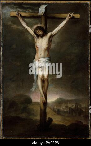 La Crucifixion. Artiste : Bartolomé Estebán Murillo (Espagnol, Séville Séville 1617-1682). Dimensions : 20 x 13 in. (50,8 x 33 cm). Date : ca. 1675. Cette représentation poignante du Christ sur la croix est une esquisse à l'huile qui se rapporte à un grand tableau dans le Prado, Madrid. Murillo créé un accent parfait pour la méditation : le soleil s'est couché, le ciel nuageux est striée de lune, et dans l'arrière-plan sombre Jérusalem peut être vu. L'image est peut-être la 'petite Crucifixion' qui était administré par Sebastián Martínez, dont le portrait de Goya appartient également au Metropolitan Museum. Musée : Musée métropolitain d'un Banque D'Images