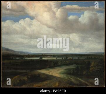 Un paysage panoramique avec une propriété de campagne. Artiste : Philips Koninck (Néerlandais, Amsterdam Amsterdam 1619-1688). Dimensions : 56 3/8 x 68 1/4 in. (143,2 x 173,4 cm). Date : ca. 1649. Cet ambitieux travail est une des premières compositions de l'artiste sur une grande échelle. Le premier plan est un peu maladroitement, mais la plaine ensoleillée dans la distance semble annoncer la maturité de Koninck style de peinture de paysage panoramique. Paysage hollandais plus tôt et les peintres avaient interrogés d'une vue panoramique sur la terre et le ciel, mais Koninck (qui savait bien Rembrandt) introduit des contrastes de lumière et d'ombre et un Banque D'Images