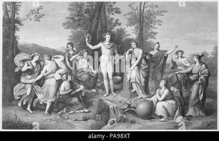Apollon et les Muses sur Parnasse. Artiste : Après Anton Raphael Mengs (allemand, Usti nad Labem (Aussig) 1728-1779 Rome) ; Raphael by Pollaiuolo Antonio (Italienne, Naples 1758-1833 Florence). Fiche Technique : Dimensions : 24 × 35 15/16 1/16 in. (63,4 × 89 cm) Plaque : 19 × 29 15/16 à 11/16. (50 × 76 cm). Date : 1784. L'une des plus importantes commissions de la dix-huitième siècle était le Parnasse peint par Mengs en 1761 pour la Villa Albani, Rome, et salué comme un manifeste du nouveau style de néoclassicisme. Les Muses, différenciés soigneusement accompagnés par leur mère, Mnémosyne, découlent de la sculpture antique, tout en Banque D'Images