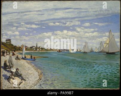 Régates à Sainte-Adresse. Artiste : Claude Monet (français, Paris 1906-1957 Giverny). Dimensions : 29 x 40 5/8 in. (75,2 x 101,6 cm). Date : 1867. Monet a passé l'été de 1867 à Sainte-Adresse, une banlieue de Le Havre sur la côte normande. Le 25 juin, il a indiqué qu'il avait une vingtaine de photos en cours, notant, 'parmi les marins, je suis en train de faire les régates du Havre avec de nombreux chiffres sur la plage et l'avant-port couvert de petites voiles.' Cette régate ensoleillée, regardé à marée haute par des bourgeois bien habillés, semble avoir été conçu comme une paire avec  <i >la plage à Sainte-A Banque D'Images