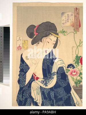 Le réveil : une fille de l'ère Koka (1844-1848). Artiste : Tsukioka Yoshitoshi (japonais, 1839-1892). Culture : le Japon. Dimensions : 14 5/8 x 10 in. (37,1 x 25,4 cm). Date : 1888. La série qui fait un artiste réputé Yoshitoshi était l'une des plus importantes séries de Meiji de l'ukiyo-e imprime de beautés. La dame se nettoie les dents avec une brosse à dents en bambou en duplex. Son couchage coton robe glisse une épaule, et quelques brins de ses cheveux ont été desserrées, suggérant qu'elle n'est qu'à moitié éveillé. Le grand matin gloire à fleurs, connu sous le nom de asagao (littéralement, 'Morning visages'), dans le pot derrière elle sur le righ Banque D'Images