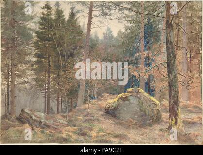 Dans un bois de pin. Artiste : James Thomas Watts (British, Birmingham 1850-1930 Liverpool). Dimensions : 9 7/8 x 13 3/4 in. (25,1 x 34,9 cm). Date : ca. 1891. Basé à Liverpool, Watts spécialisé dans la représentation de paysages forestiers à différentes saisons, en utilisant des huiles ou aquarelles. Il a peut-être indiqué travailler à la Royal Academy de Londres en 1891. Touche d'aquarelle pommelé sont appliqués pour décrire les arbres fortement éclairé, les feuilles d'automne, et les rochers couverts de mousse. Le quartier animé de lave apparaissent non muettes par tamponnement, aussi brillant teintes sont proprement juxtaposés - comme dans le bleu et jaune des traits qui à partir de la roche moussue - i Banque D'Images