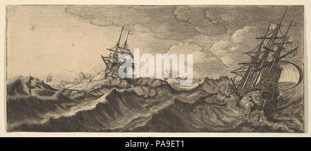 Navire de guerre dans le creux de la vague. Wenceslaus Hollar : artiste bohème, Prague 1607-1677 (Londres). Fiche Technique : Dimensions : 4 1/2 x 10 1/2 in. (11,5 × 26,6 cm) adresse éditeurs coupée en dessous de l'image. Series/portefeuille : tempêtes de mer quatre plaques (NH) 1839-1842. Date : 1665. Un navire de guerre lancé par les vagues de la mer agitée en premier plan à droite, un autre à mi-chemin à gauche, et deux autres navires en arrière-plan. Musée : Metropolitan Museum of Art, New York, USA. Banque D'Images