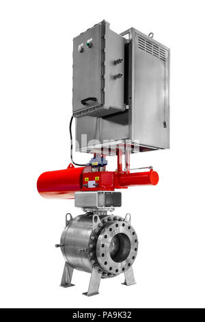 Contrôlé à distance automatique robinet à bille avec loquet de l'oléoduc ou industriels de gaz haute pression avec isolée sur fond blanc Banque D'Images