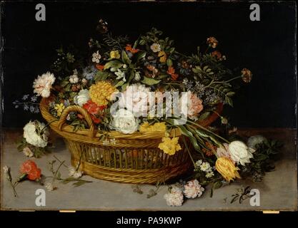 Un panier de fleurs. Artiste : Jan Brueghel le Jeune (Anvers 1601-1678 Flamand, Anvers). Dimensions : 18 1/2 x 26 7/8 in. (47 x 68,3 cm). Date : probablement années 1620. L'artiste a repris son célèbre père's studio en 1625 quand Jan l'Aîné mourut subitement. La composition ici est emprunté à un peu plus d'arrangements élaborés par Jan I ; l'exécution rend hommage à lui sans atteindre le même niveau de raffinement. De nombreux insectes et fleurs tombé un soutien vanitas classiques thème qui est relevée par le papillon, symbole de l'âme et la résurrection. Musée : Metropolitan Muse Banque D'Images