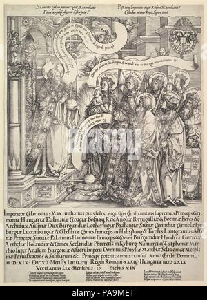 Maximilian présenté par son Saint patron au tout-puissant. Artiste : Hans (Snyders Frans (genre allemand, 1512-22) active. Fiche technique : Dimensions : 21 3/8 x 15 1/4 in. (54,3 x 38,7 cm). Date : 1519. Musée : Metropolitan Museum of Art, New York, USA. Banque D'Images