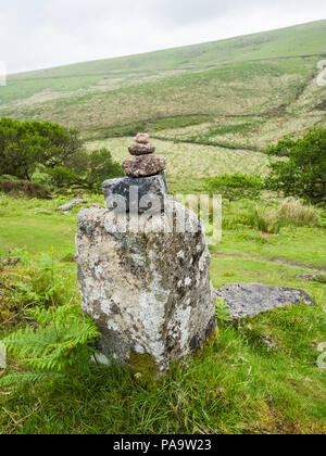 Un rocher près de cairn du Wistman Wood National Nature Reserve, Dartmoor National Park, Devon, UK. Banque D'Images